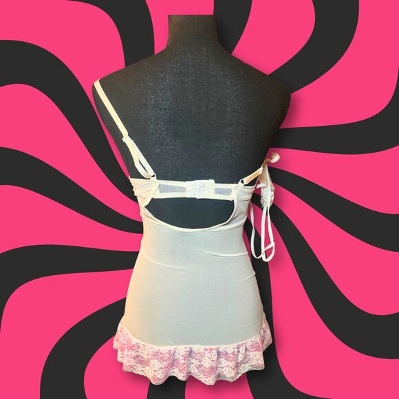 White & Pink Floral Lace Y2K Style Coquette Dollette Babydoll Lingerie Dress - Picture 3 of 5
